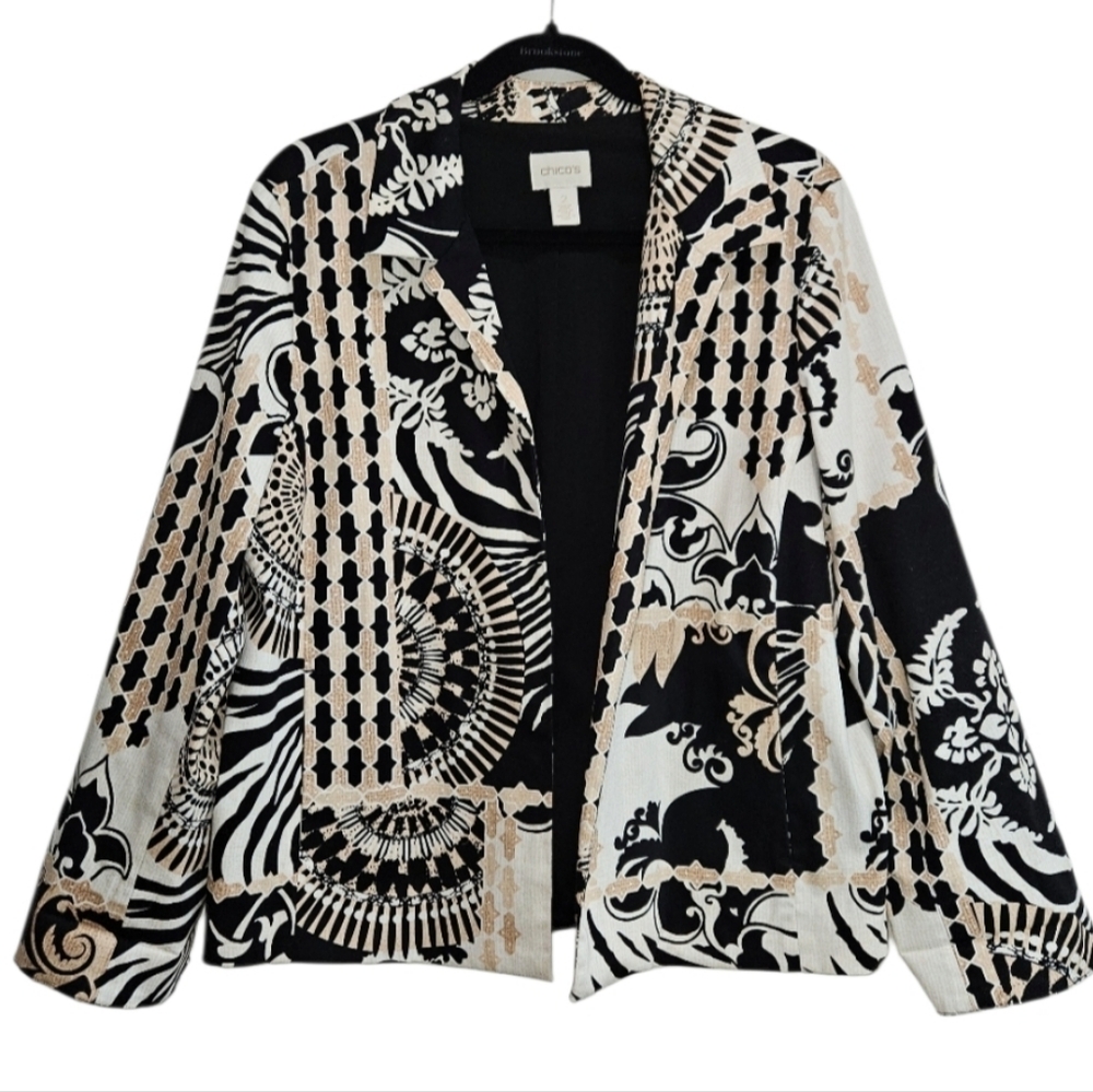 Chico's Blazer Jacket Womens Size 2 Large Cotton Blend Black White Tan Geometric